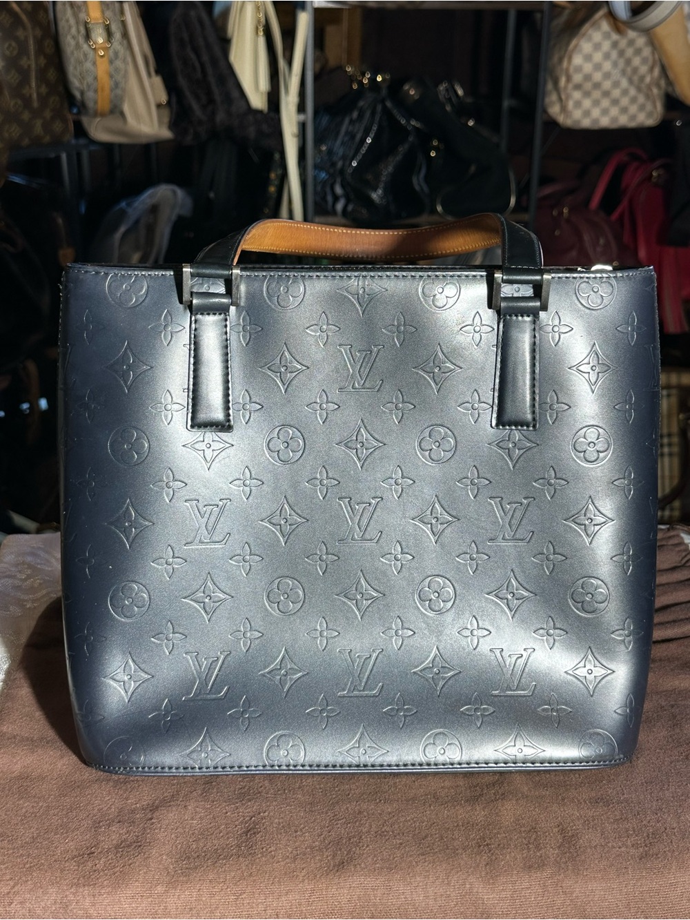 Louis Vuitton Metallic Gray Matte Vernis Monogram Tote with Tan Handles 11x10